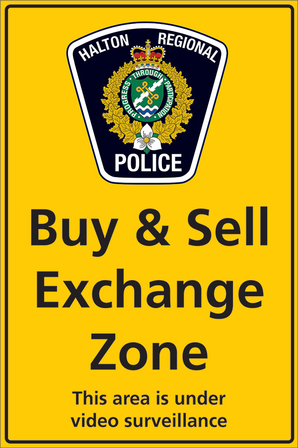 Yellow sign with HRPS Flash and text reading Buy & Sell Exchange Zone Sign